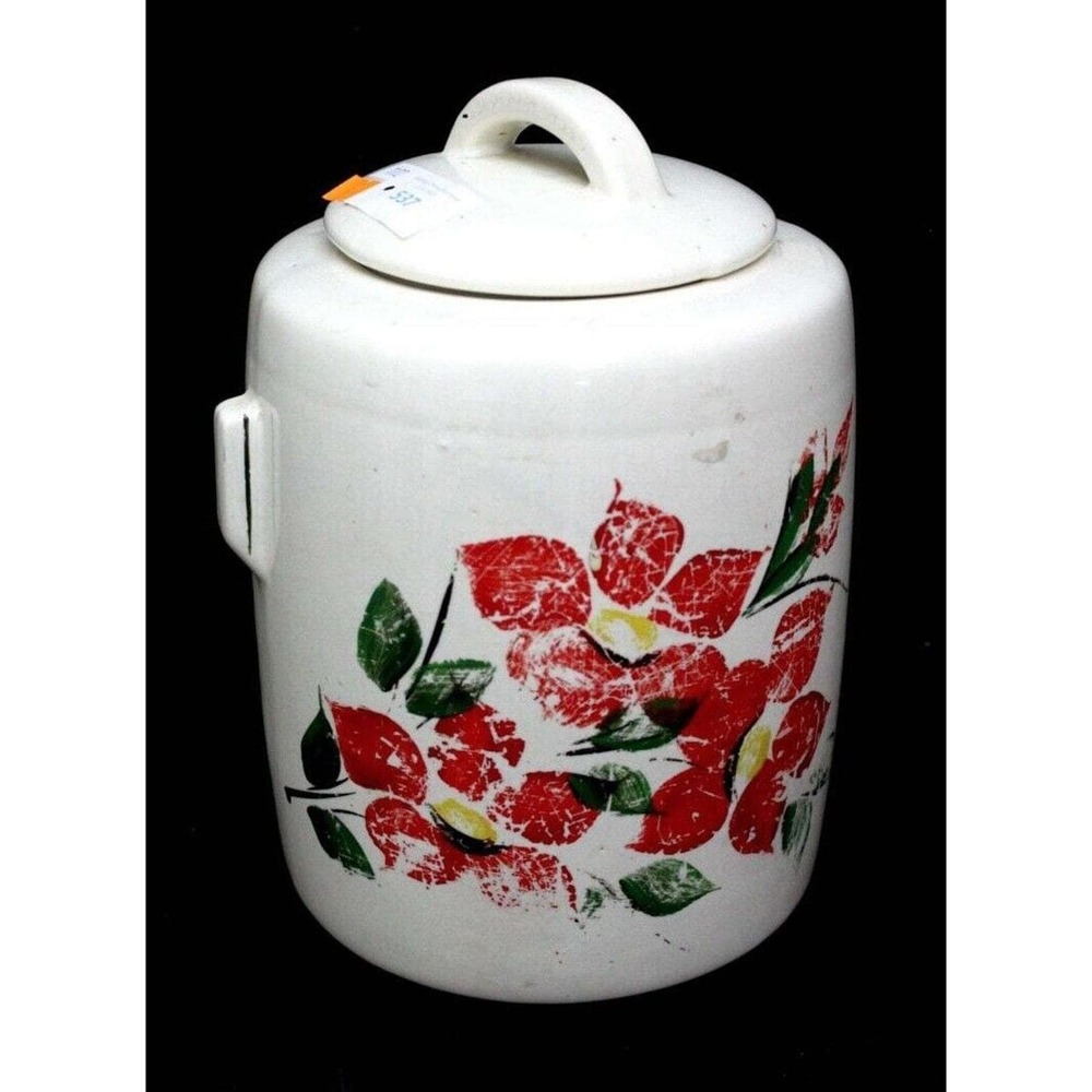 Vintage MCM McCoy Cookie Jar Red Green Floral Design Poinsettia Christmas HTF